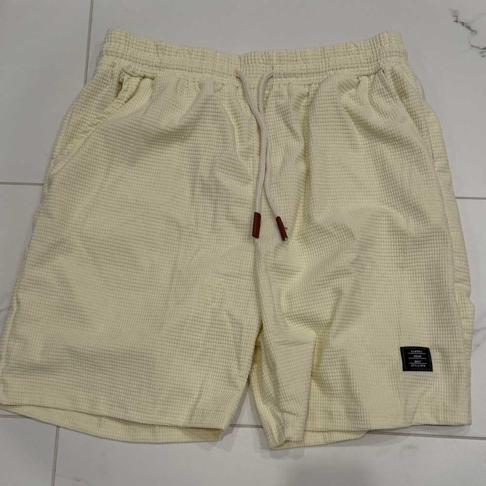 Textured Waffle Knit Cream Shorts with Drawstring